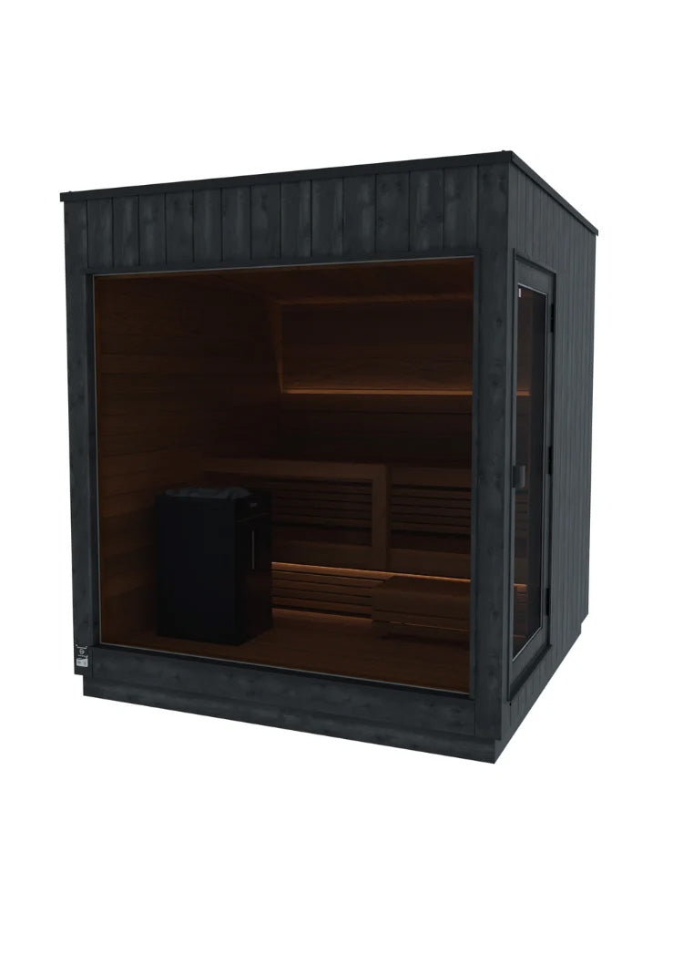 Nordic Misty Sauna Cabin - Nordic Misty Medium Sauna Cabin | Right | 10.5kw Virta Heater w/WiFi, Safety Rails, CX45, & 4 Boxes of AC3020 Sauna Stones | Onyx Deluxe Accessory Kit