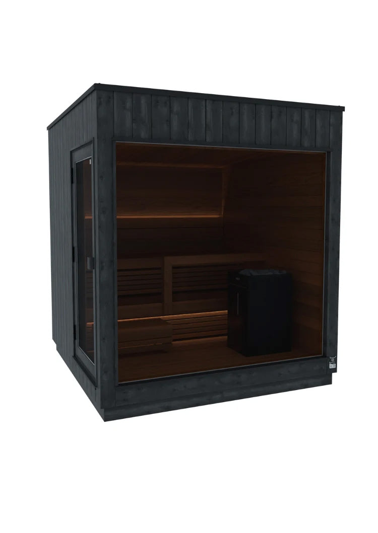 Nordic Misty Sauna Cabin - Nordic Misty Medium Sauna Cabin | Left | 10.5kw Virta Heater w/WiFi, Safety Rails, CX45, & 4 Boxes of AC3020 Sauna Stones | Onyx Deluxe Accessory Kit