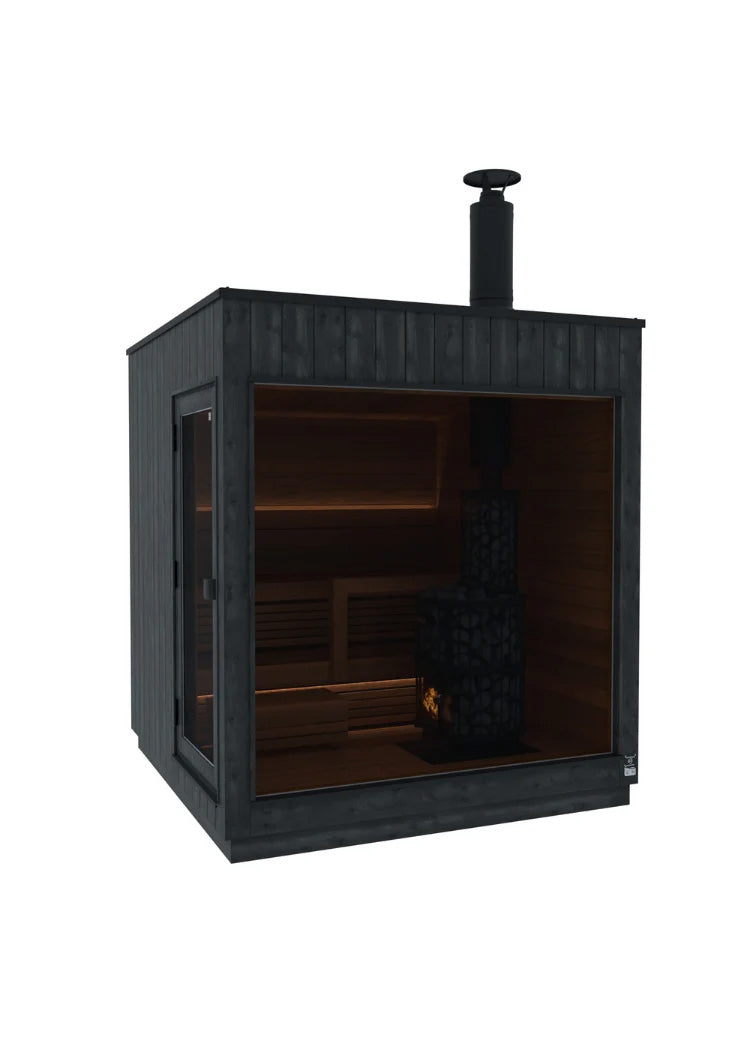 Nordic Misty Sauna Cabin - Nordic Misty Medium Sauna Cabin | Left | Legend 240 Wood Burning Heater Kit | Onyx Deluxe Accessory kit