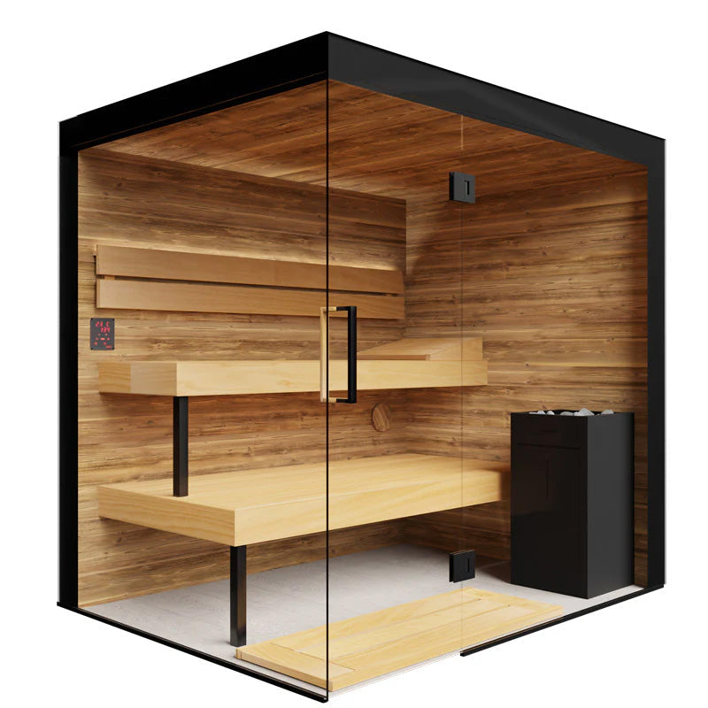 Lumaria Sauna Cabin - Indoor Sauna, Medium Cabin, Door Left, Transparent Glass - Virta 9kW Heater, CX45