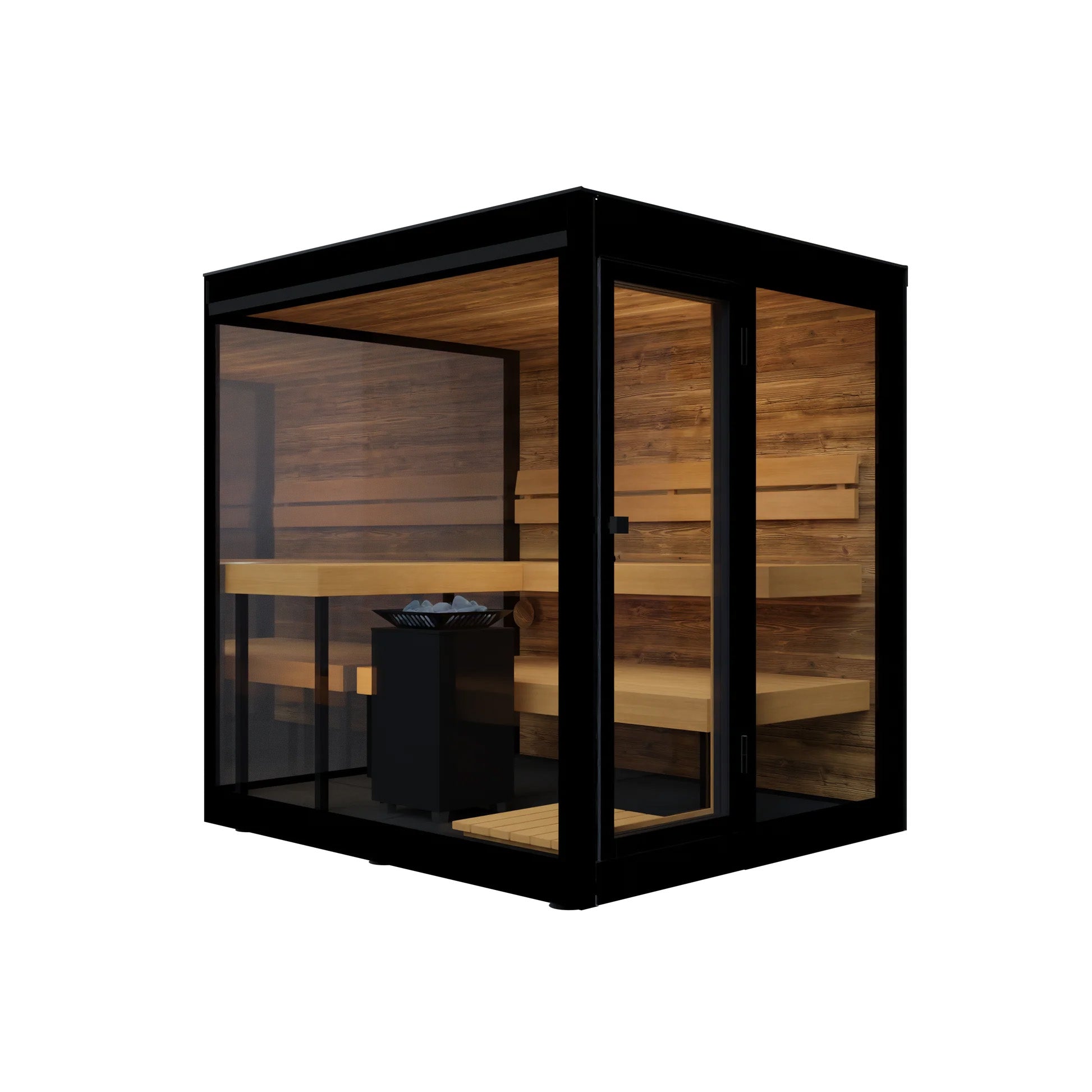 Vue Sauna Cabin - Outdoor Sauna, Door Left, Mirror+ Glazed Glass - Virta 9kW Heater, CX45