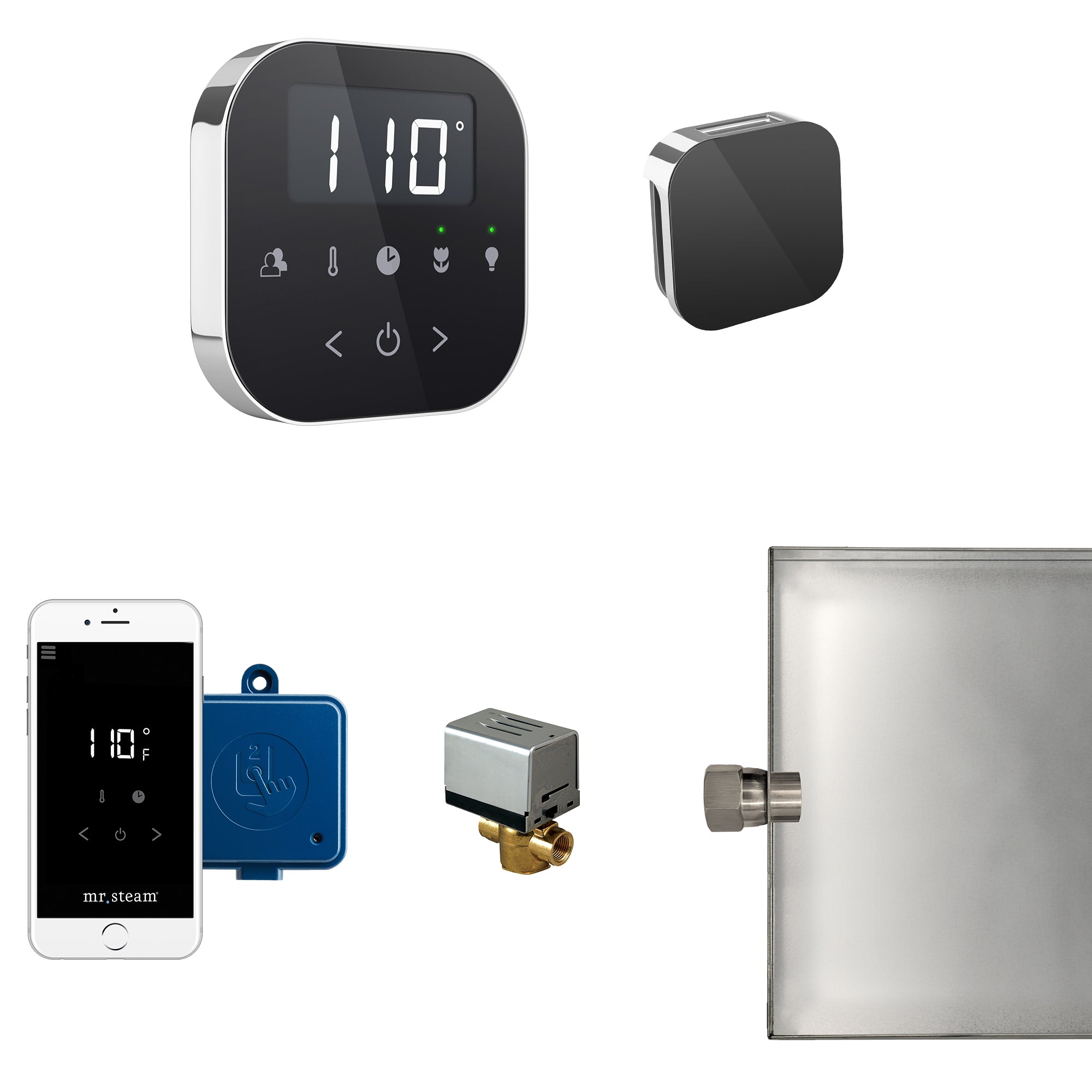 Mr Steam AirButler Steam Shower Control Package with AirTempo Control and Aroma Glass SteamHead