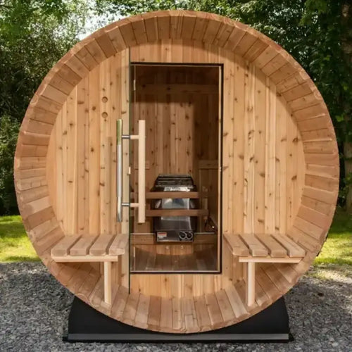Almost Heaven Fairmont 4 Person Canopy Barrel Sauna Rustic Cedar: Glass Door, No Window / No Accessory Package / 6.0 kW KIP (Included),Rustic Cedar: Glass Door, No Window / No Accessory Package / 8.0 kW KIP Smart Heater,Rustic Cedar: Glass Door, No Window