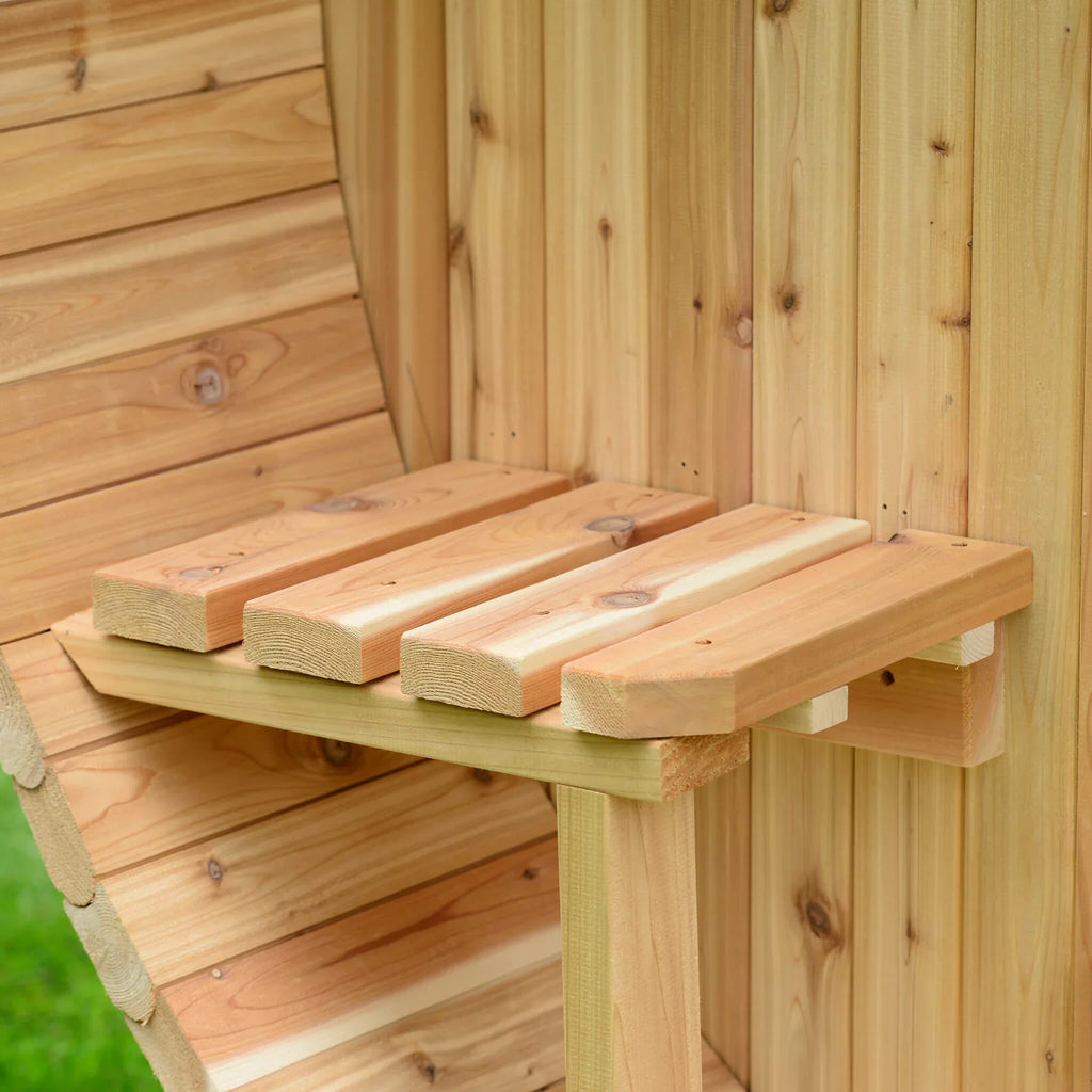 Almost Heaven Vienna 4+1 Canopy Barrel Sauna (2-Person) Rustic Cedar,Onyx - Stained Southern Pine Almost Heaven Sauna Barrel_Detail_Audra_Bench_1_1.webp