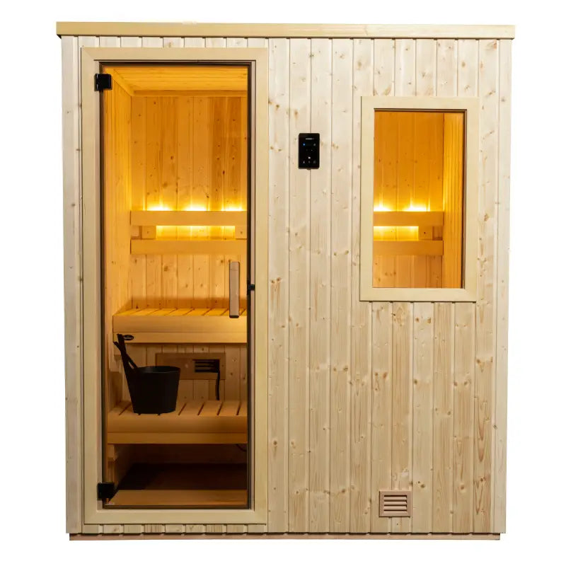 Finnleo NorthStar Indoor Sauna NSI-44 (48x48x80), Piccolo Mini 1.7 kW, floor included,NSI-44 (48x48x80), Piccolo Mini 2.2 kW, floor included,NSI-46 (48x72x84), Designer SL2 4.5 kW, 1 window,NSI-56 (60x72x84), Designer SL2 6.0 kW, 1 window,NSI-57 (60x84x84), Designer SL2 6.0 kW, 2 windo Finnleo Finnleo_NorthStar_46_Indoor_Sauna_01.webp