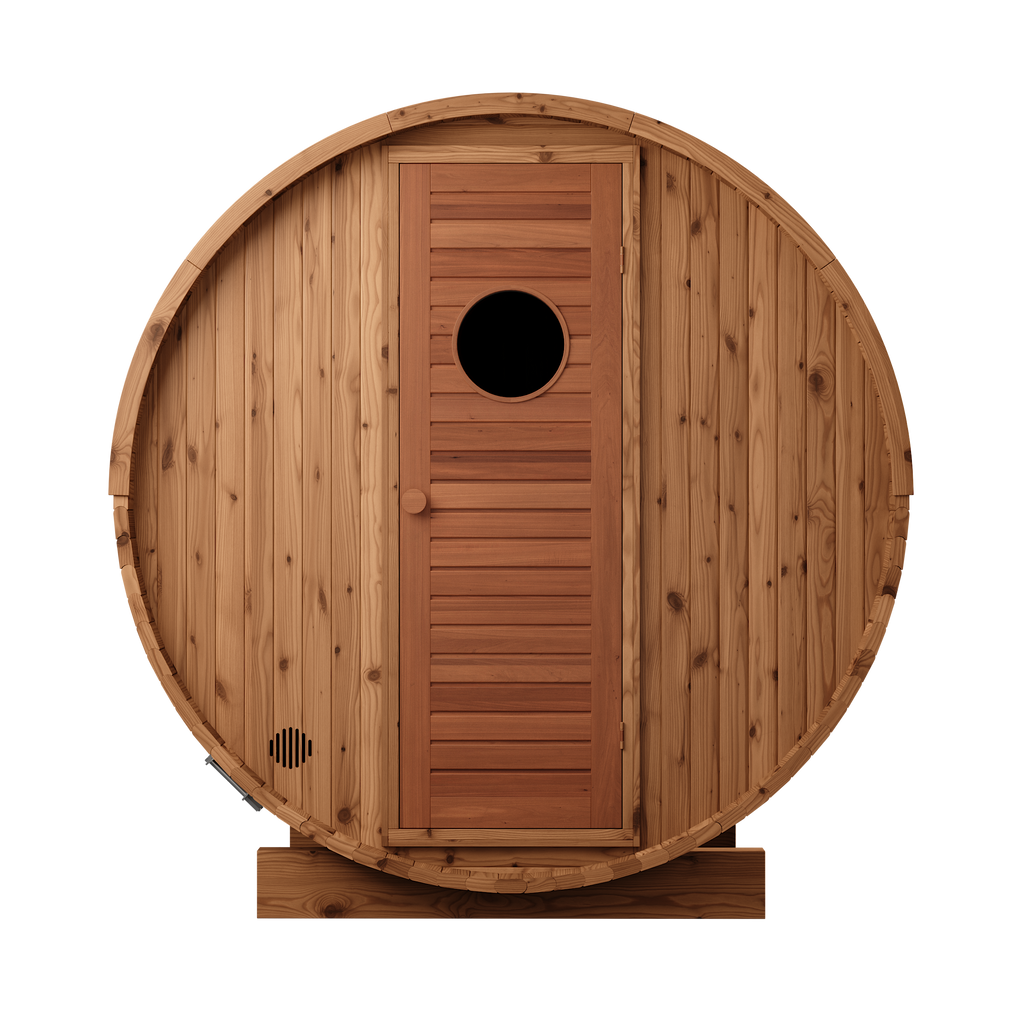 Thermory 4 Person Barrel Sauna No 80 DIY Kit with Changing Room and Window Thermally Modified Spruce Thermory Front.png