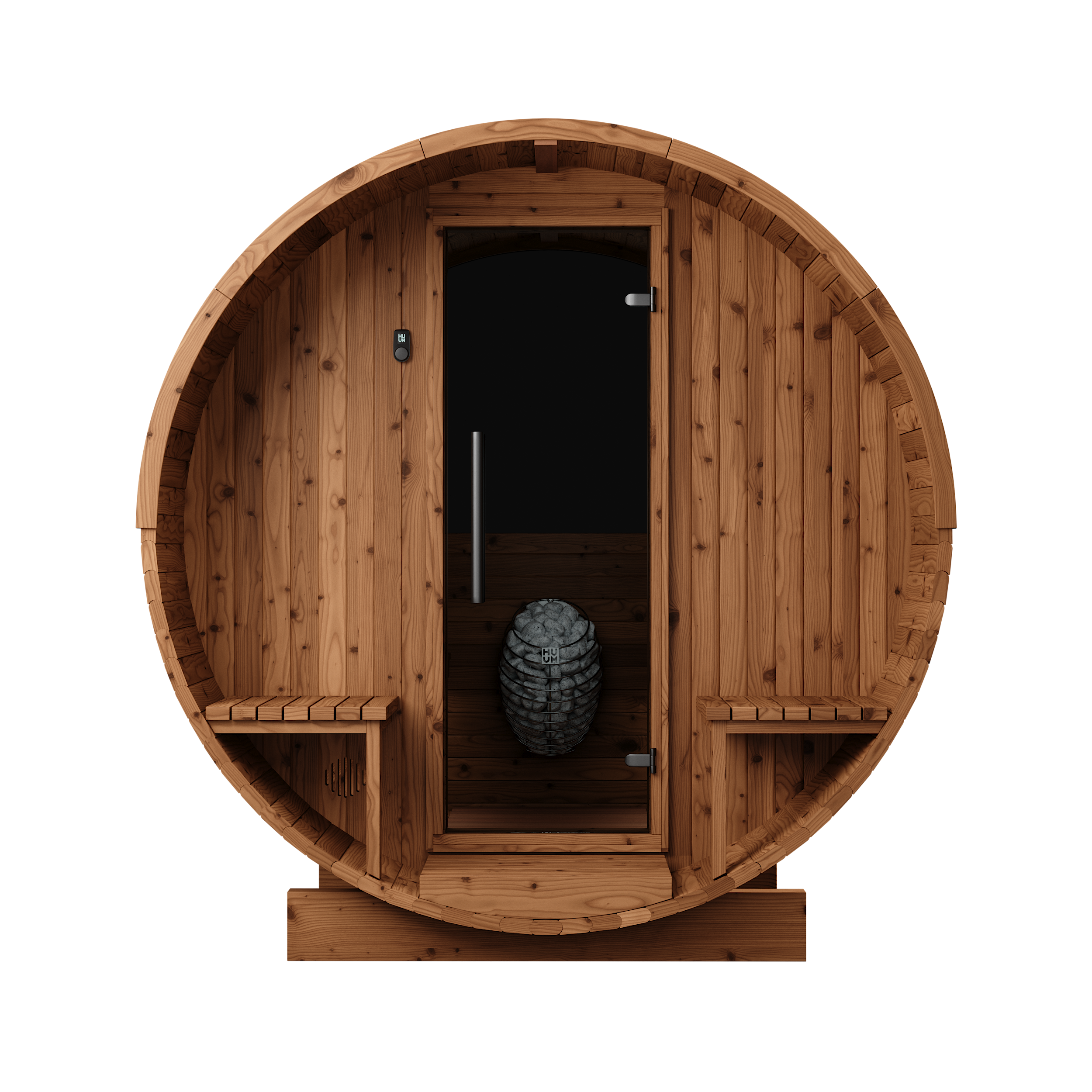 Thermory 4 Person Barrel Sauna No 60 DIY Kit with Porch and Window Thermally Modified Spruce Thermory Front_7162df7c-1853-4eb0-a95e-c6d90716429c.png