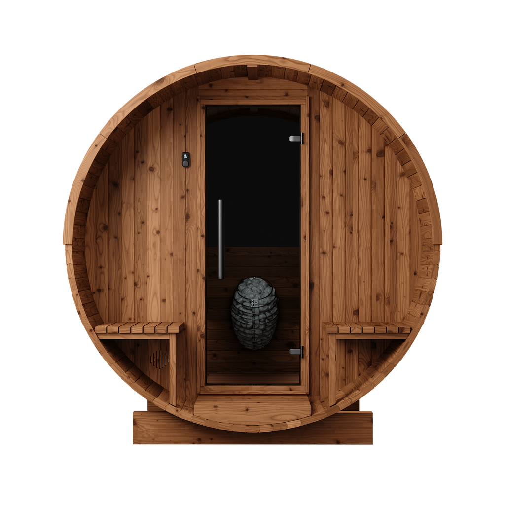 Thermory Barrel Sauna 60 DIY Kit with Porch and Window 4 Person Sauna Builder Thermally Modified Spruce Thermory Front_dfbfbb87-3a91-4c52-8265-33030940cbac.png