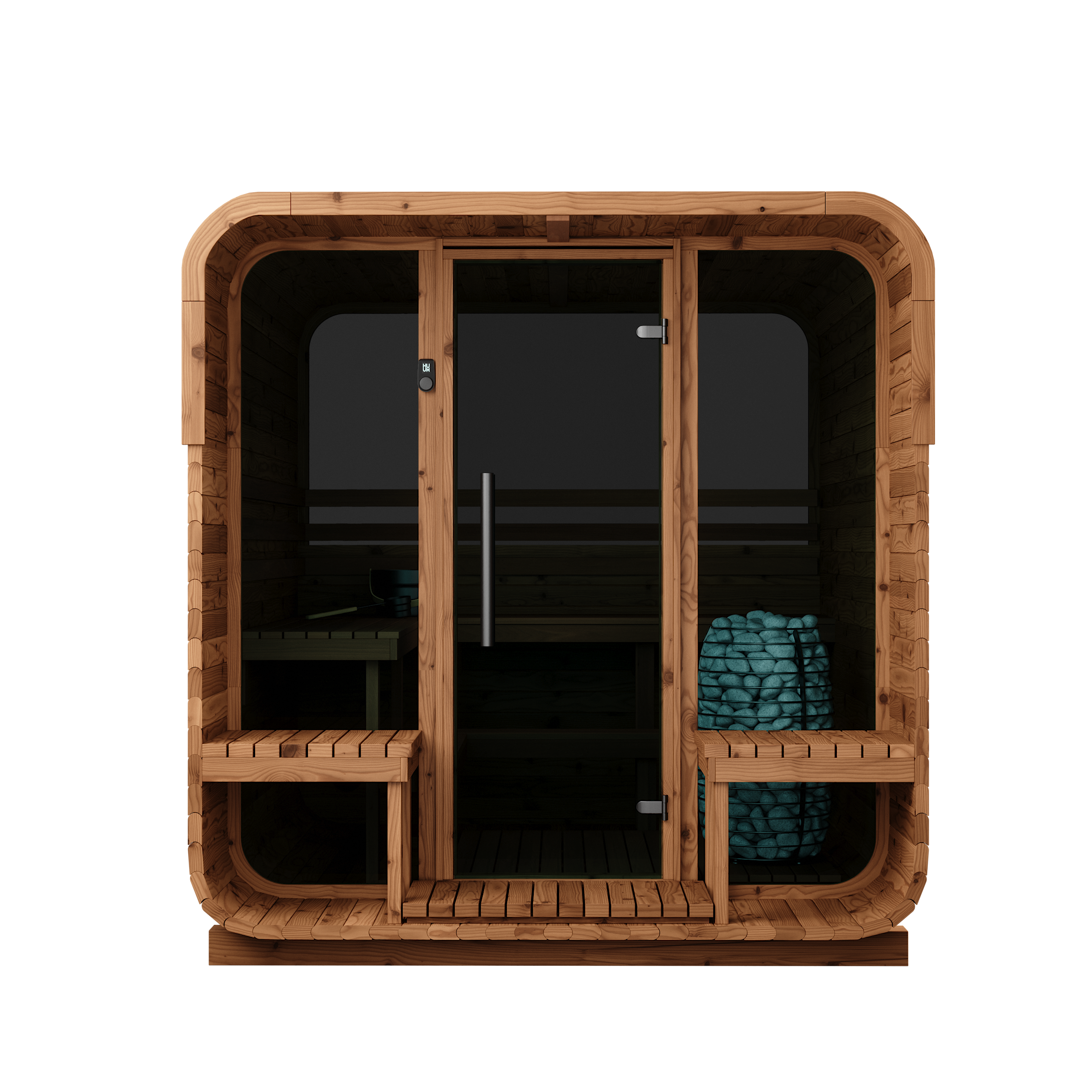 Thermory 6 Person Square Sauna No 40 DIY Kit with Terrace and Window Thermally Modified Spruce Thermory Front_fd36259b-aec2-4f84-a727-7ec8d913e484.png