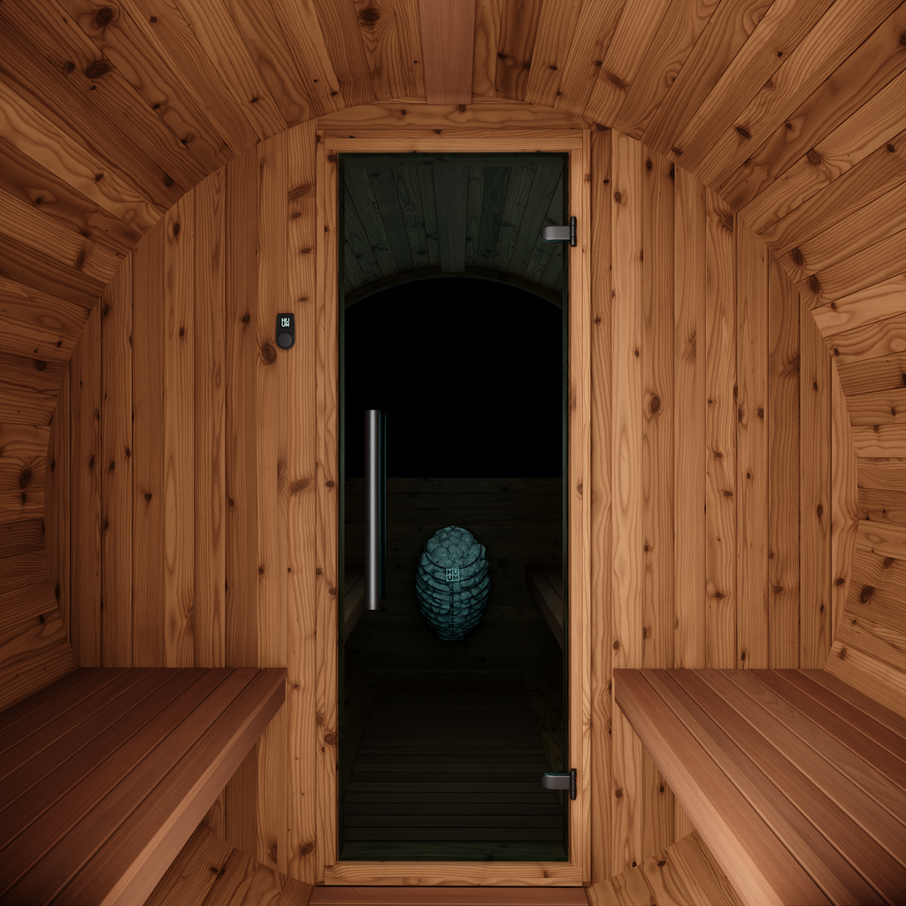 Thermory 4 Person Barrel Sauna No 80 DIY Kit with Changing Room and Window Thermally Modified Spruce Thermory Front_indoor.png