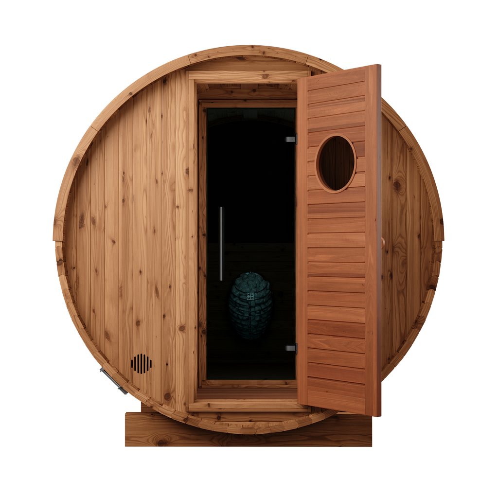 Thermory 4 Person Barrel Sauna No 80 DIY Kit with Changing Room and Window Thermally Modified Spruce Thermory Front_open.png