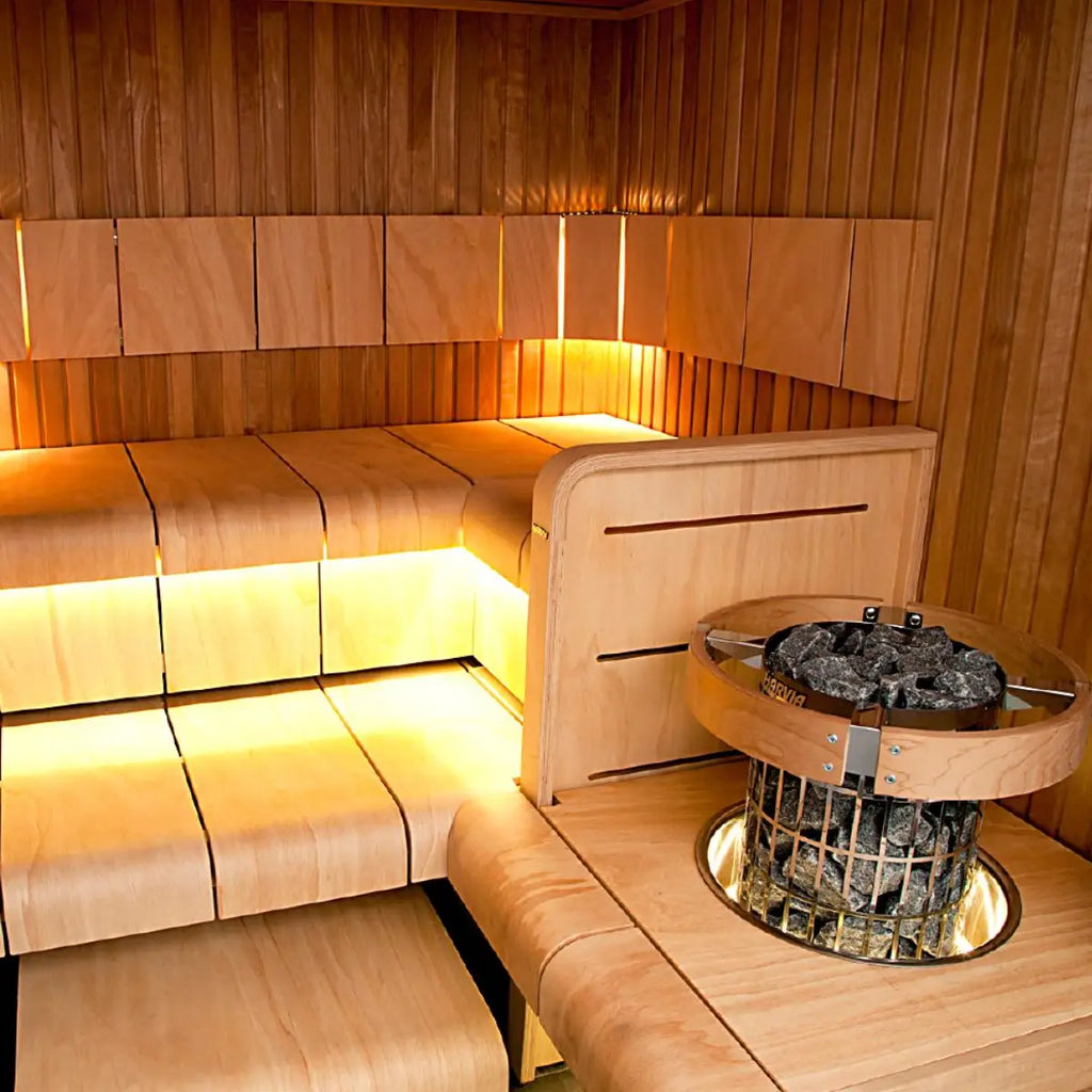 Wooden sauna interior with bench by Finnish Sauna Builders