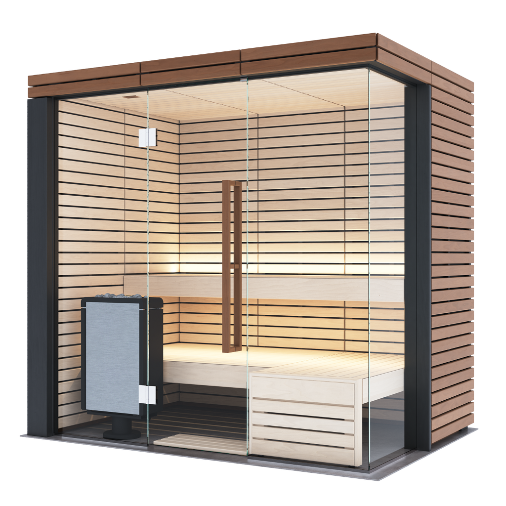 Harvia Lindea View Luxury 2-3 Person | Thermo Wood Reversible Sauna | With Virta 8KW Heater Thermo Wood Exterior and Light Lime Wood Interior,Thermo Wood Interior and Exterior Harvia Harvia_LindenSmallFin_LINDEA-V-S-F_p1.png