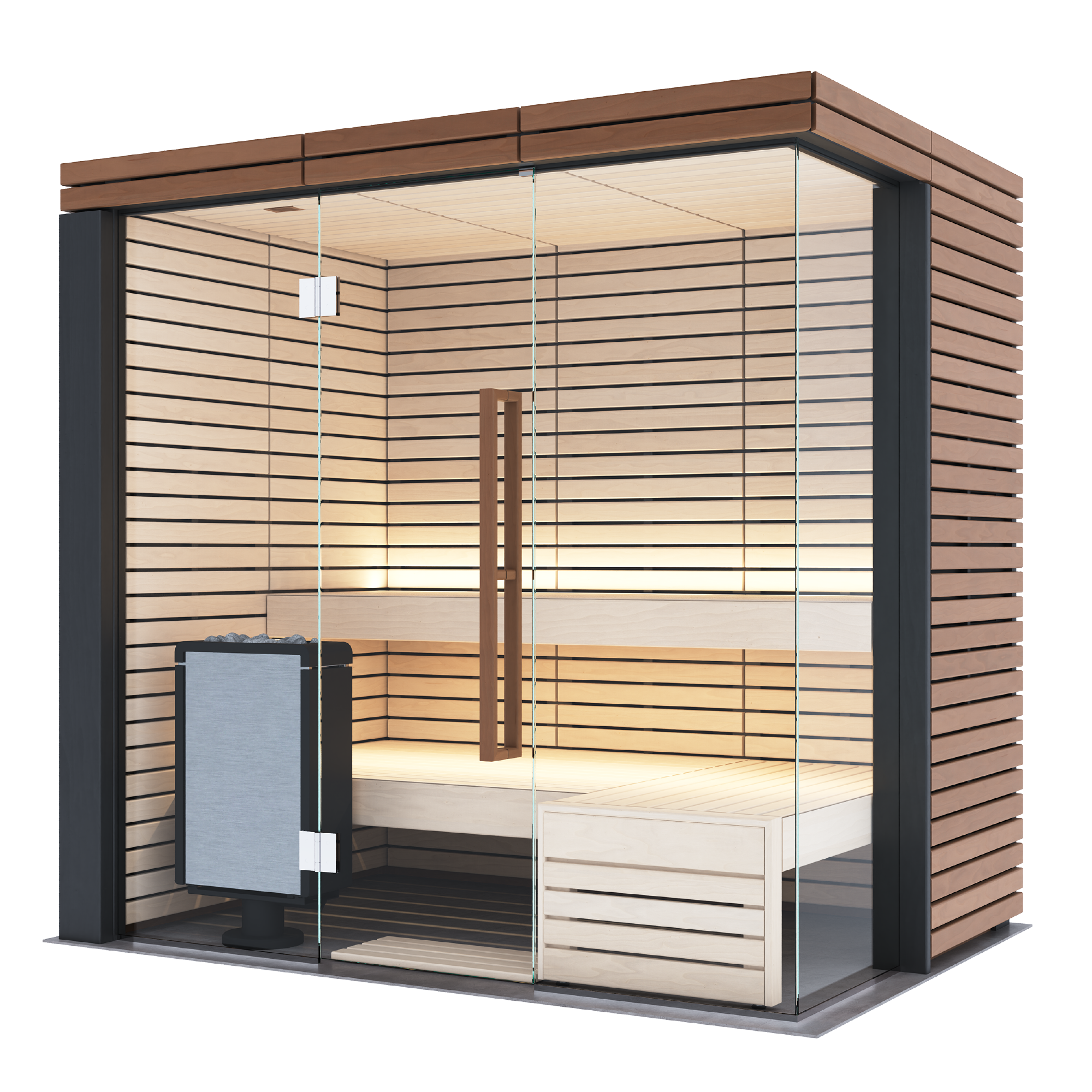 Harvia Lindea View Luxury 2-3 Person | Thermo Wood Reversible Sauna | With Virta 8KW Heater Thermo Wood Exterior and Light Lime Wood Interior,Thermo Wood Interior and Exterior Harvia Harvia_LindenSmallFin_LINDEA-V-S-F_p1.png
