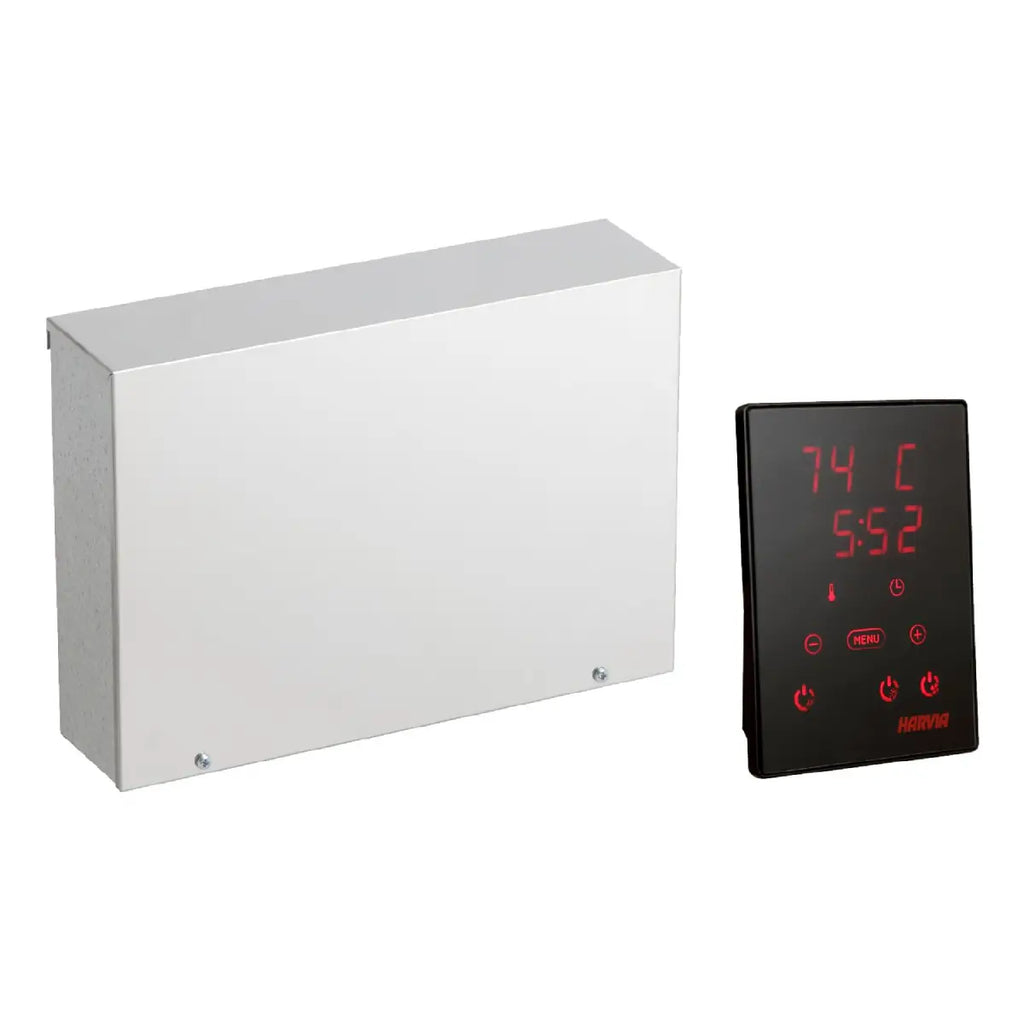 White rectangular heating element with a digital display on a white background by Finnish Sauna Builders