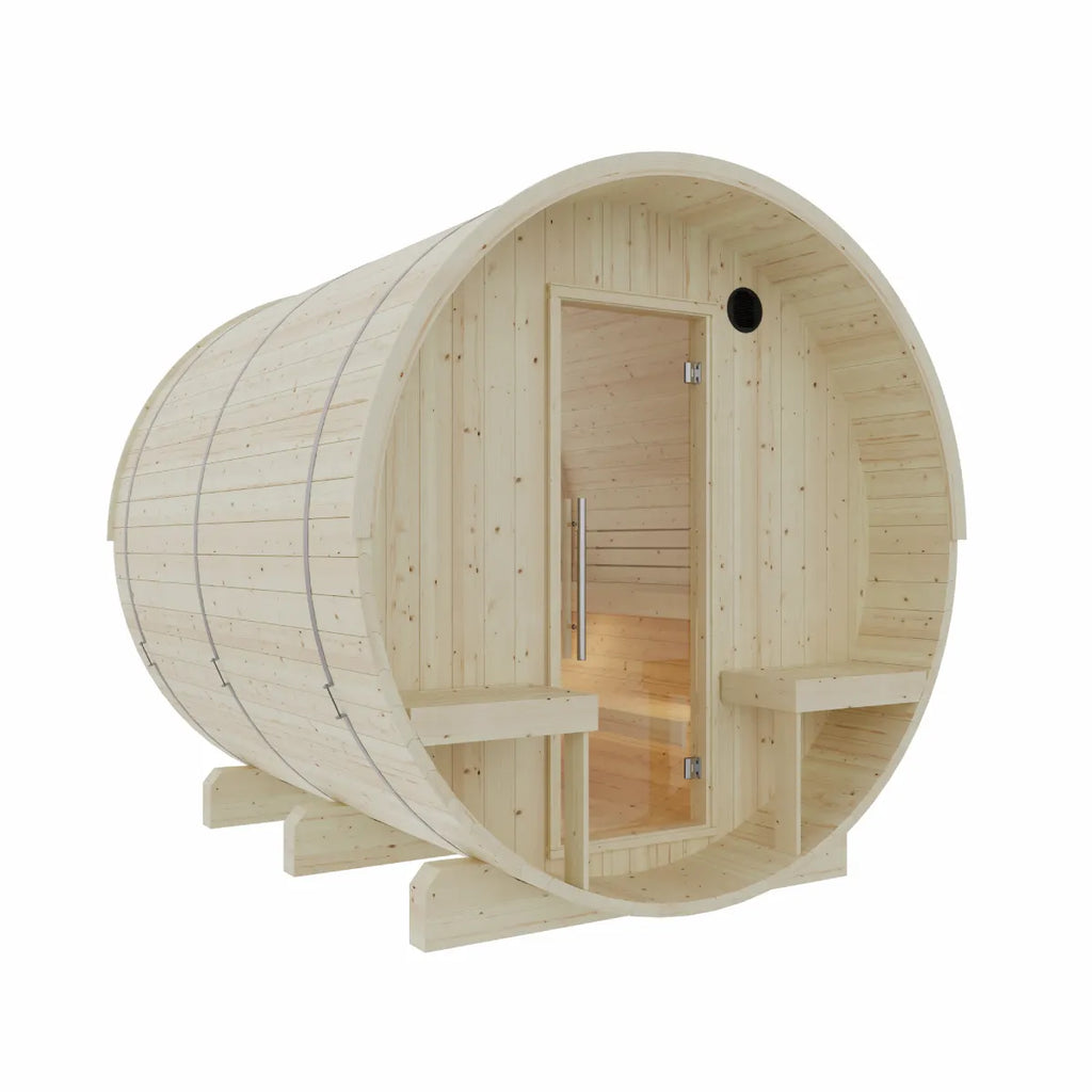 Wooden barrel sauna with a door on a white background