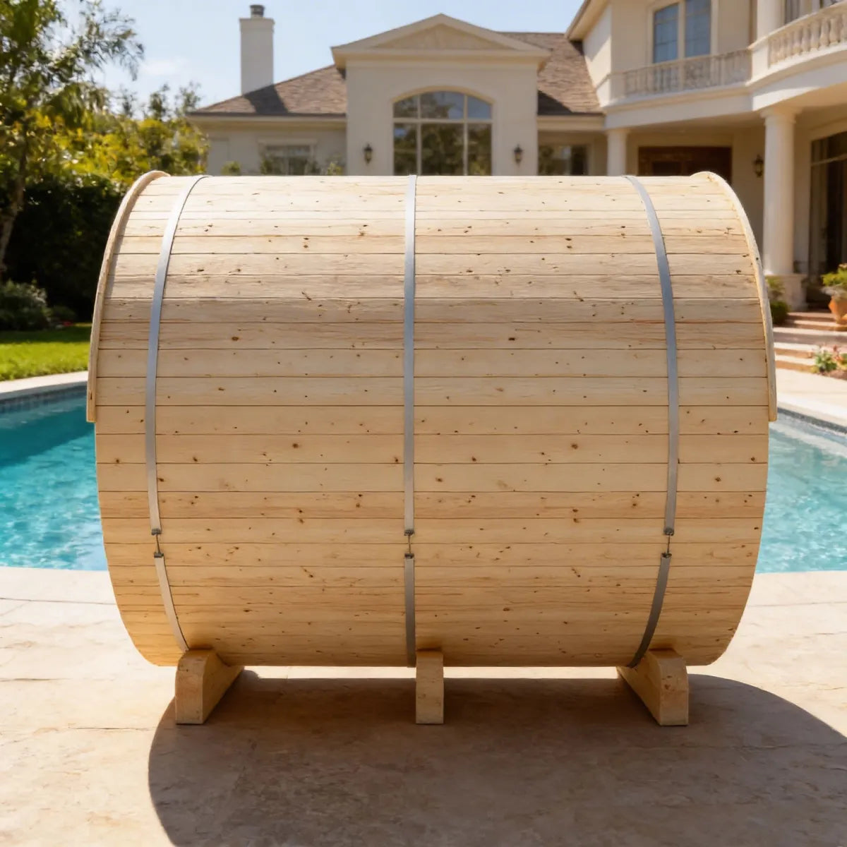 Wooden barrel-style sauna on a patio with a pool and house in the background