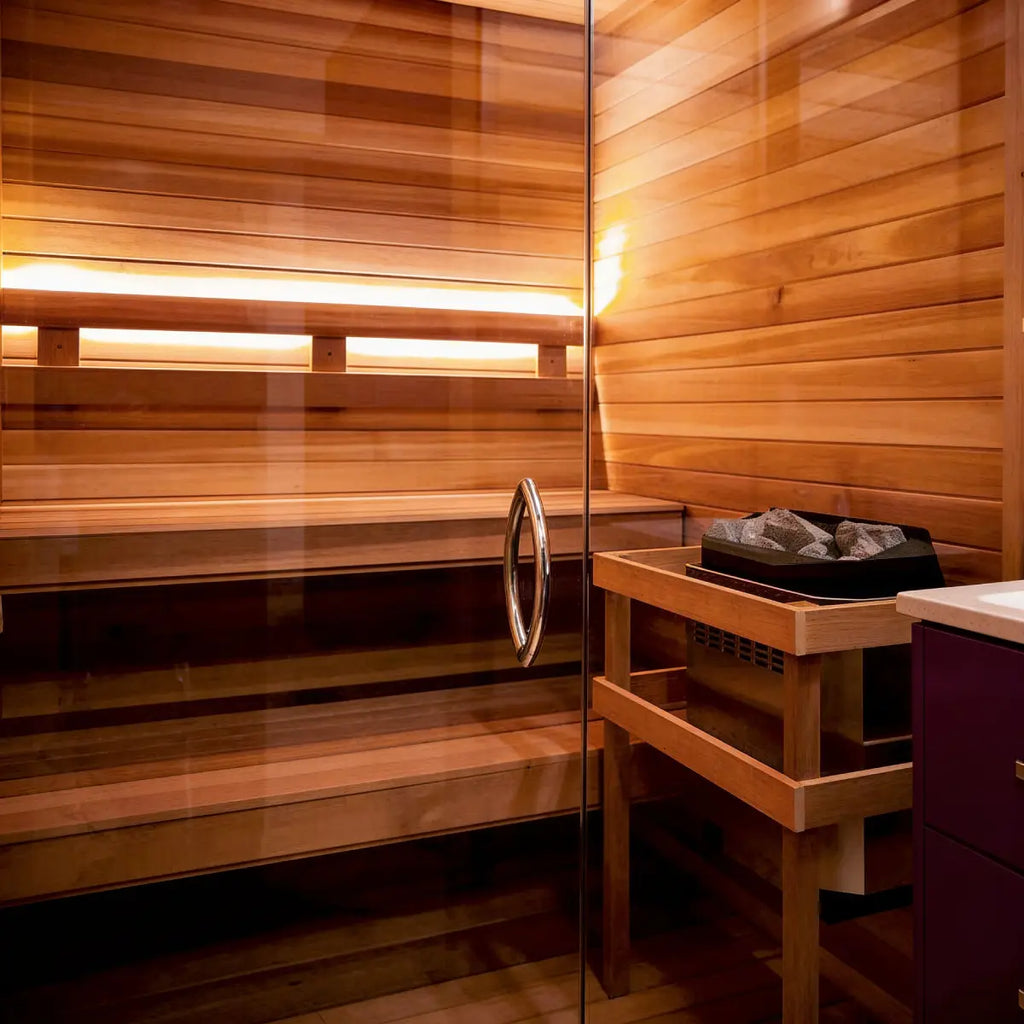 Wooden sauna with glass door and interior details