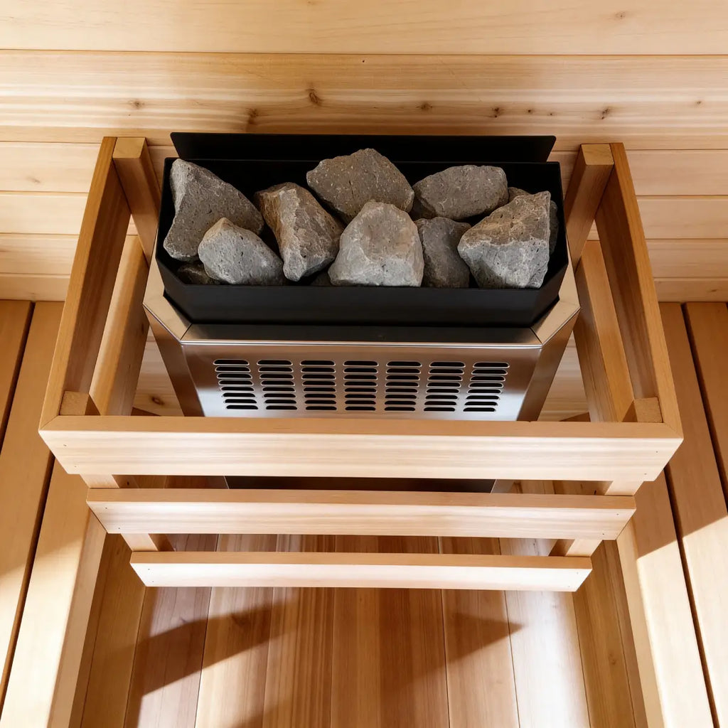Homecraft H-Series Electric Sauna Heater Wooden sauna stove with stones inside, set against a wooden interior.