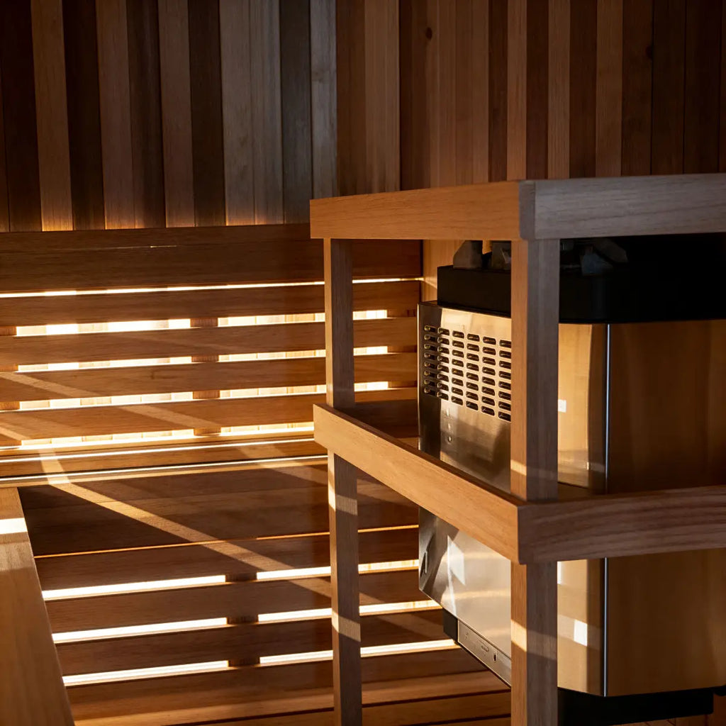 Homecraft H-Series Electric Sauna Heater Wooden sauna interior with a heater and bench