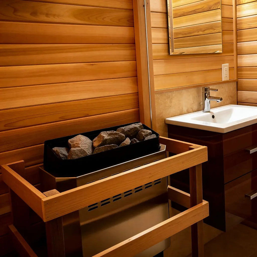 Homecraft H-Series Electric Sauna Heater Wooden sauna with rocks in a basket and a sink in the background