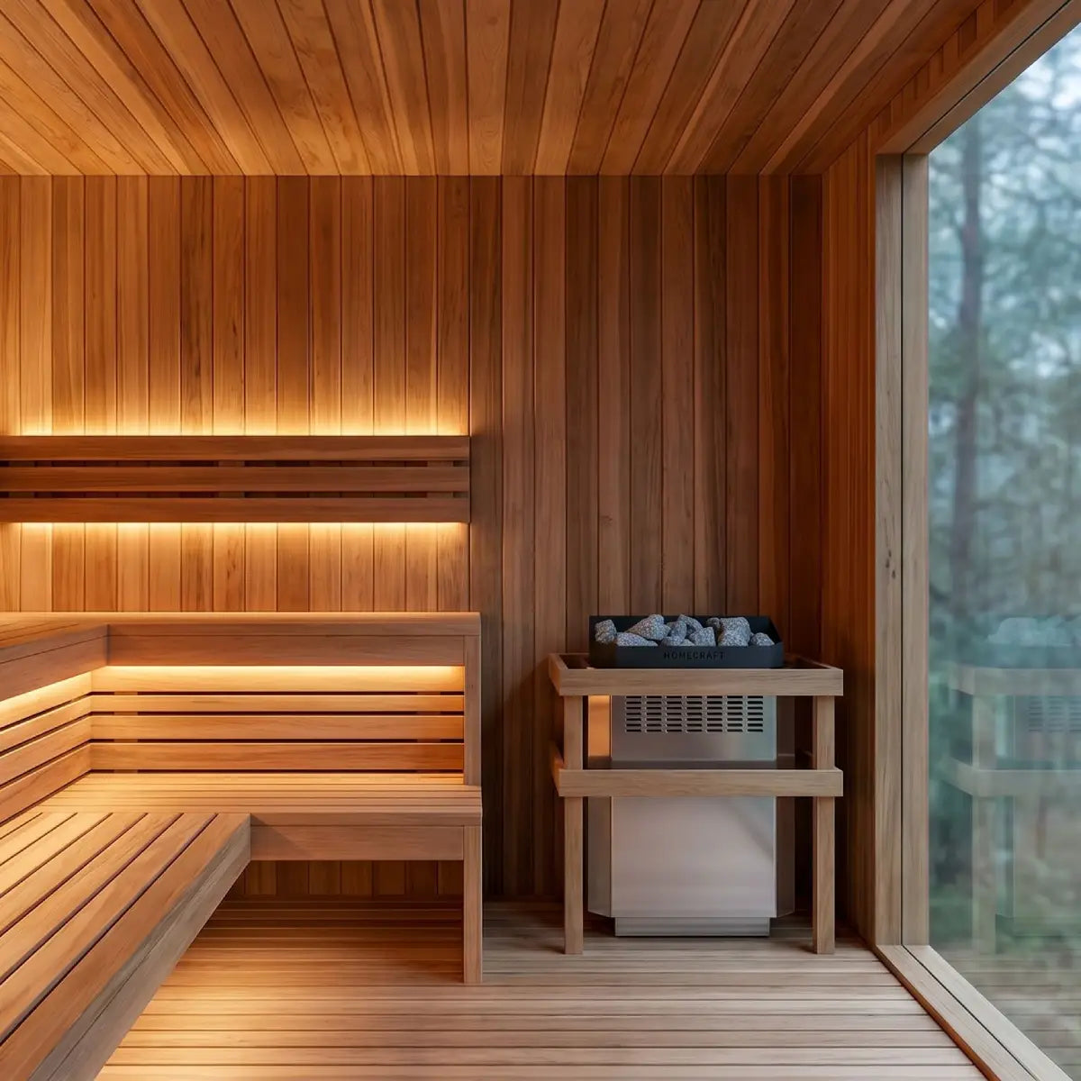 Wooden sauna interior with benches and a window view of trees