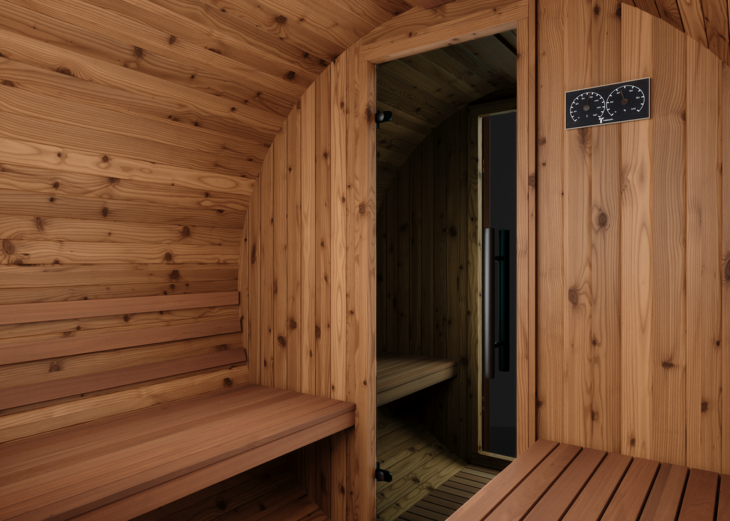 Thermory 4 Person Barrel Sauna No 80 DIY Kit with Changing Room and Window Thermally Modified Spruce Thermory Indoor_right.png