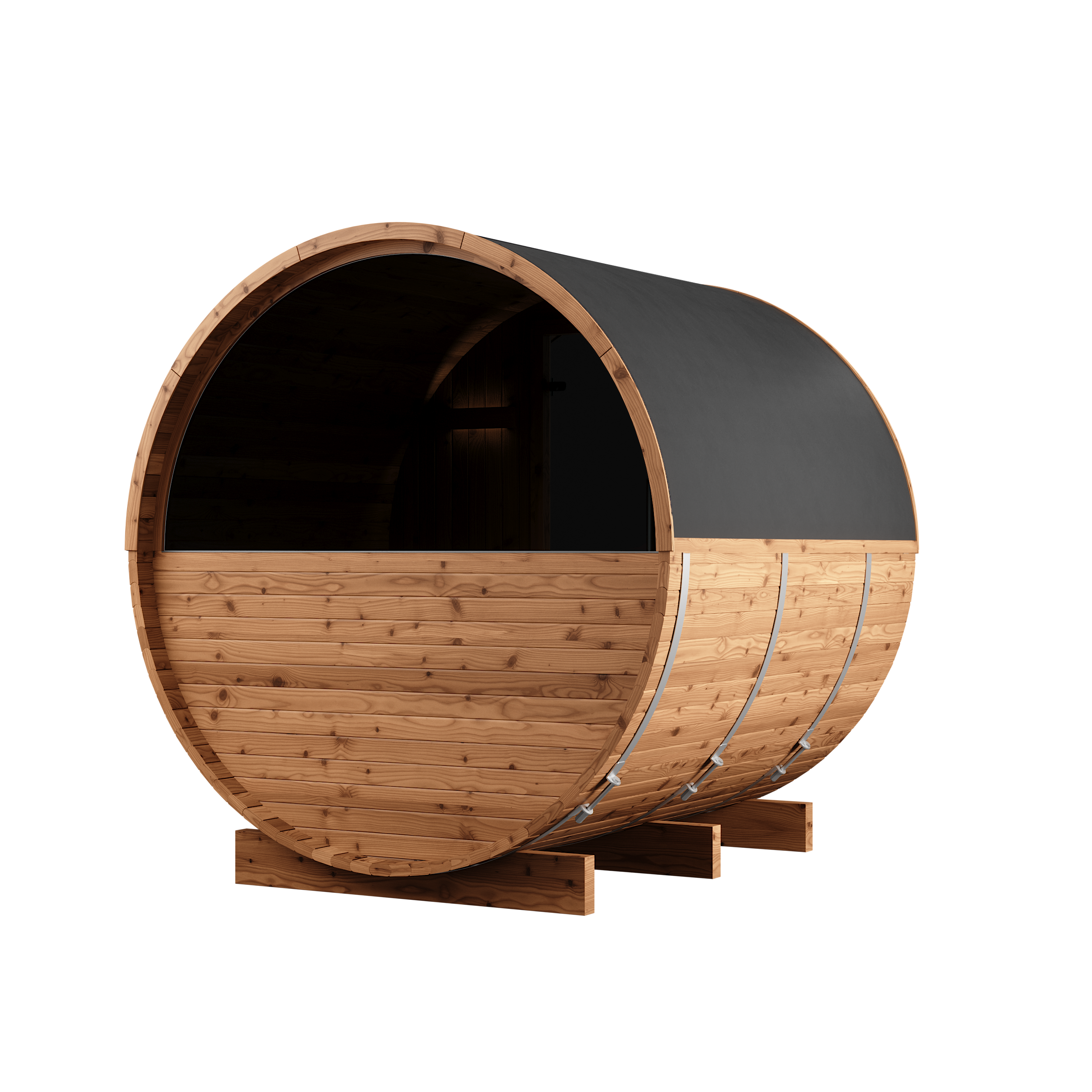 Thermory 4 Person Barrel Sauna No 60 DIY Kit with Porch and Window Thermally Modified Spruce Thermory Left_pvc_88f67c0b-6570-4e17-8faf-1f74d2e31c75.png