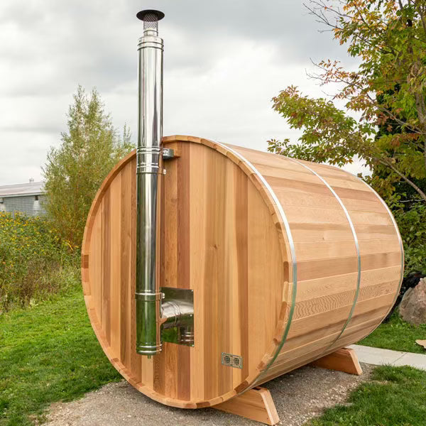 Dundalk Serenity Barrel Sauna  - 6'6" x 6'6" Dundalk LeisureCraft M3_Exterior_chimney_d0b91b4e-cb0b-43a2-8ccc-f5e58b6f1785.heic