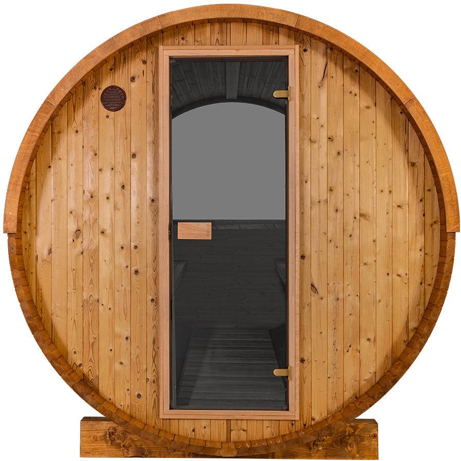 Thermory 6 Person Barrel Sauna No 50 DIY Kit with Window Thermally Modified Spruce Thermory No50-Front.jpg
