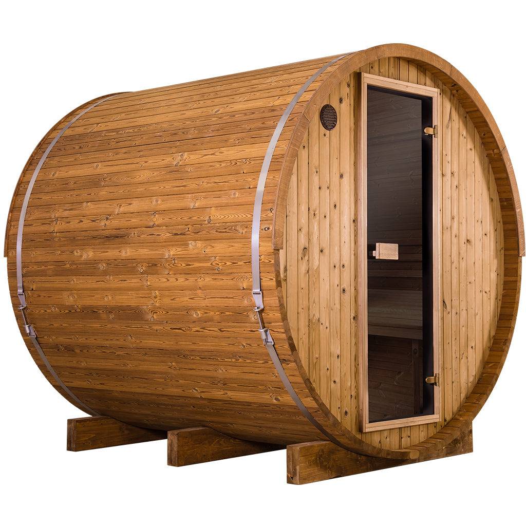 Thermory 6 Person Barrel Sauna No 51 DIY Kit Thermally Modified Spruce Thermory No51-front-corner.jpg