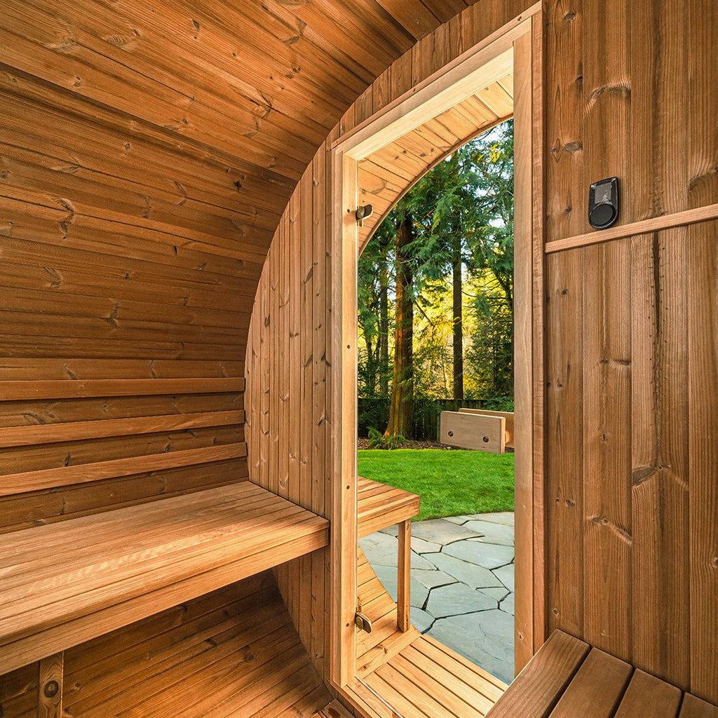 Thermory 4 Person Barrel Sauna No 60 DIY Kit with Porch and Window Thermally Modified Spruce Thermory No60-Interior2.jpg