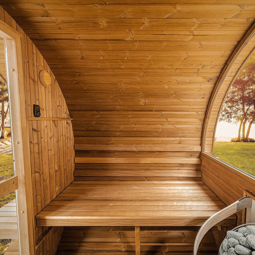 Thermory 4 Person Barrel Sauna No 60 DIY Kit with Porch and Window Thermally Modified Spruce Thermory No60-Interior3.jpg