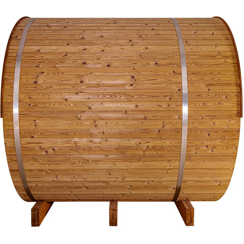 Thermory 4 Person Barrel Sauna No 60 DIY Kit with Porch and Window Thermally Modified Spruce Thermory No60_Side.jpg