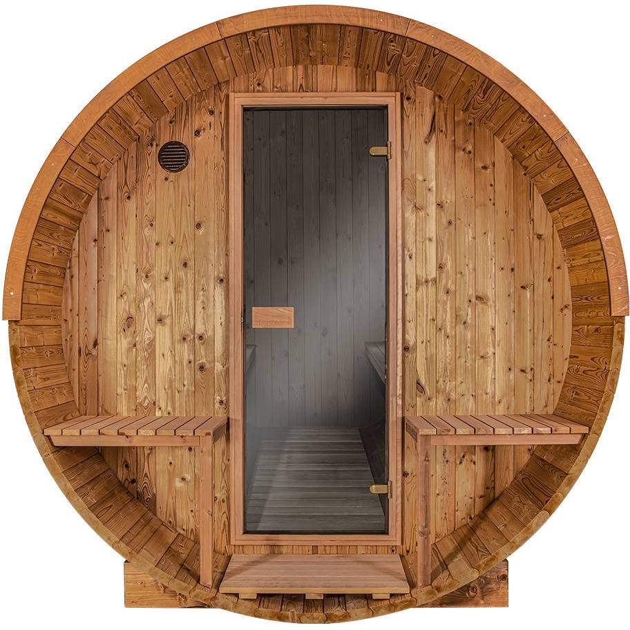Thermory 4 Person Barrel Sauna No 61 DIY Kit with Porch Thermally Modified Spruce Thermory No61-Front.jpg