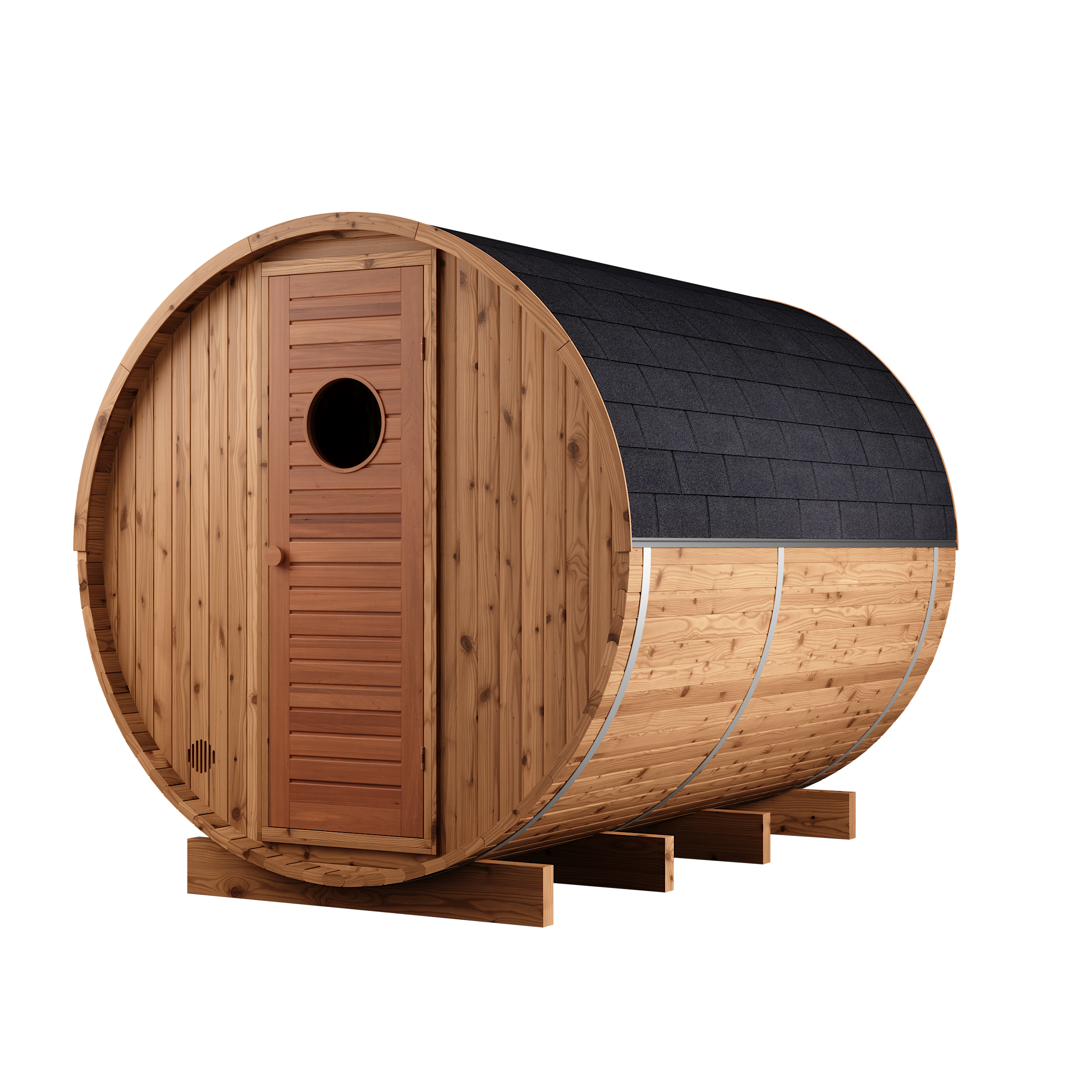Thermory 4 Person Barrel Sauna No 80 DIY Kit with Changing Room and Window Thermally Modified Spruce Thermory Right.png