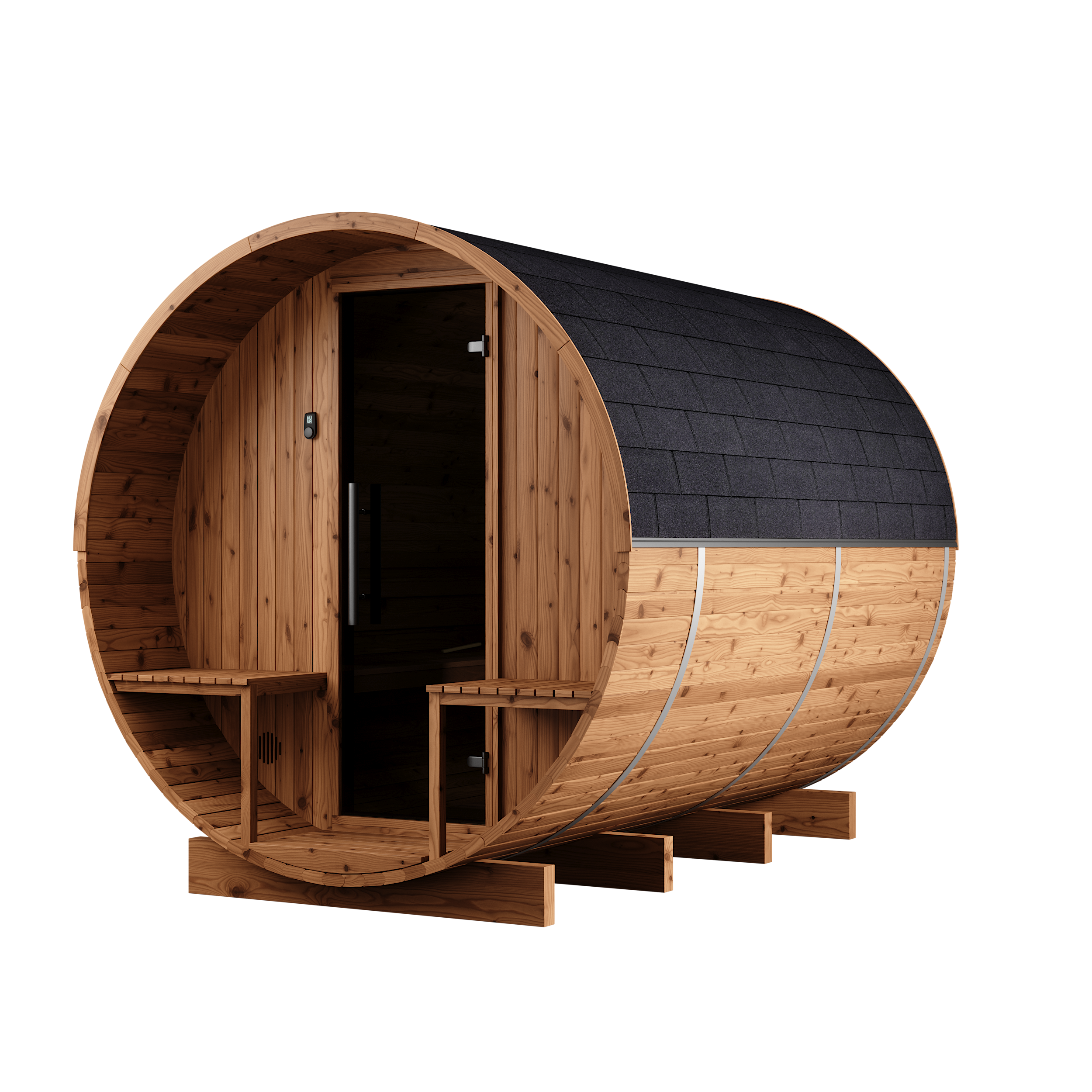 Thermory 6 Person Barrel Sauna No 82 DIY Kit with Terrace and Window Thermally Modified Spruce Thermory Right_6efbee7f-f97f-4c8d-895d-2858e12495c9.png
