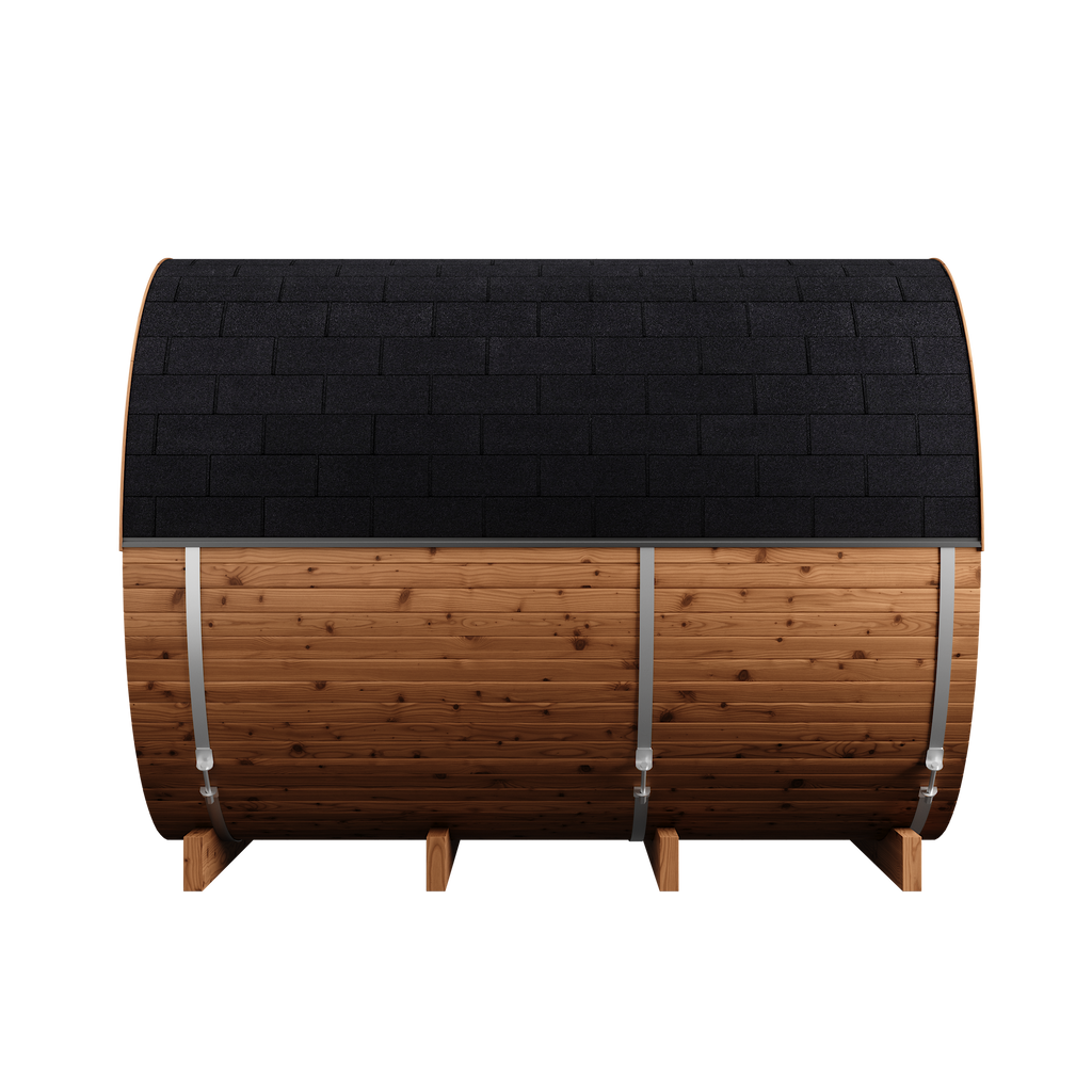 Thermory 4 Person Barrel Sauna No 80 DIY Kit with Changing Room and Window Thermally Modified Spruce Thermory Side.png