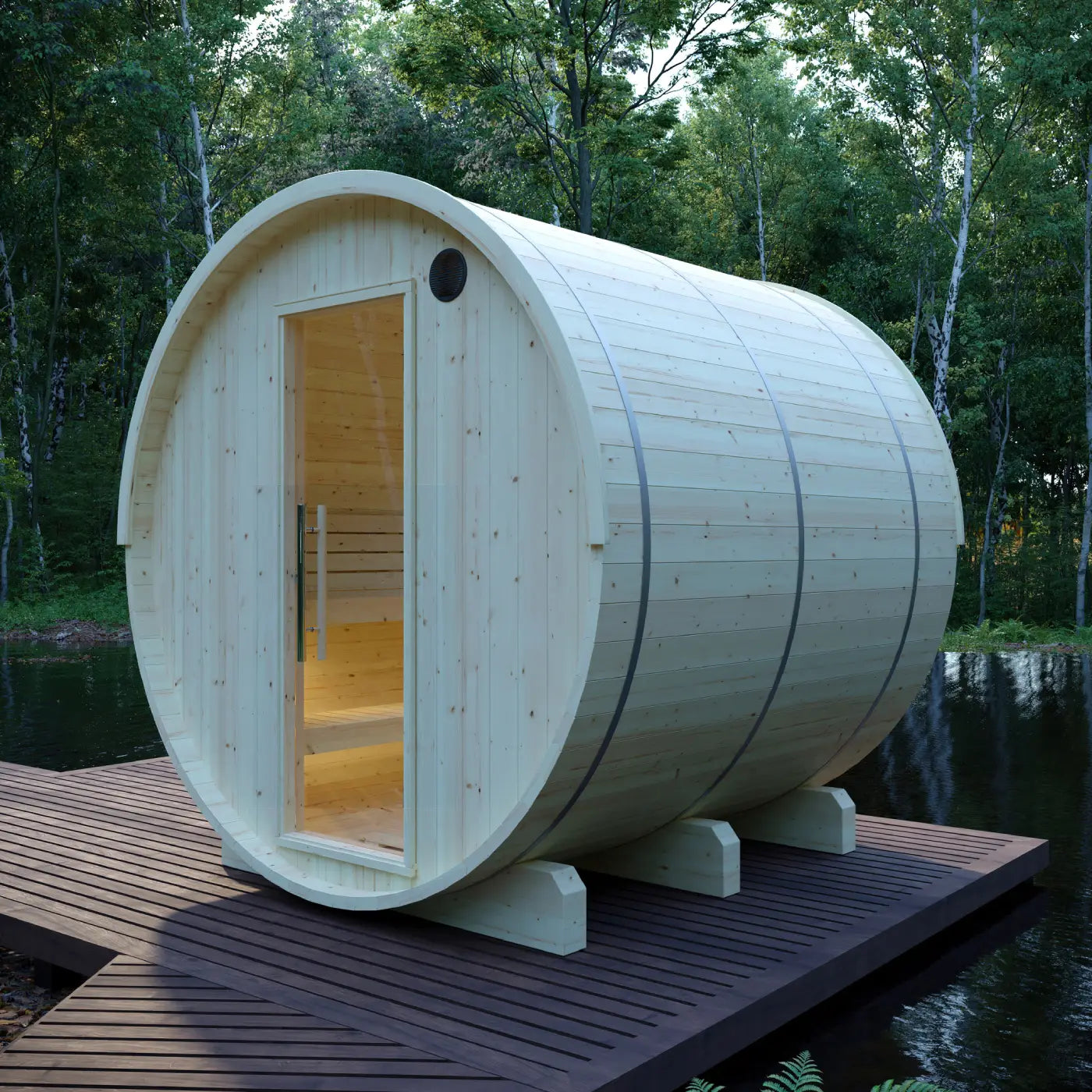 Tampere 4 Person 2 Tier Finnish Barrel Sauna with Heater - By Finnish Barrel Saunas Nordic Spruce / No Terrace Finnish Barrel Saunas Tampere_4_Person_2_Tier_Finnish_Barrel_Sauna_with_Heater_14.webp