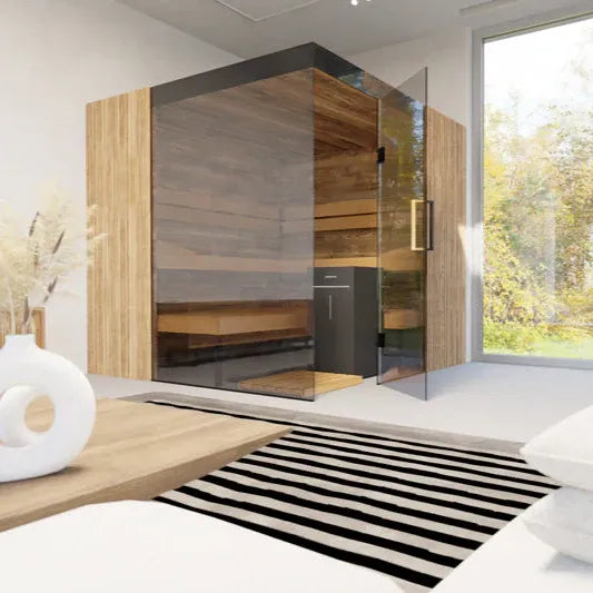 Modern room with a glass-enclosed sauna, wooden bench, and striped rug.