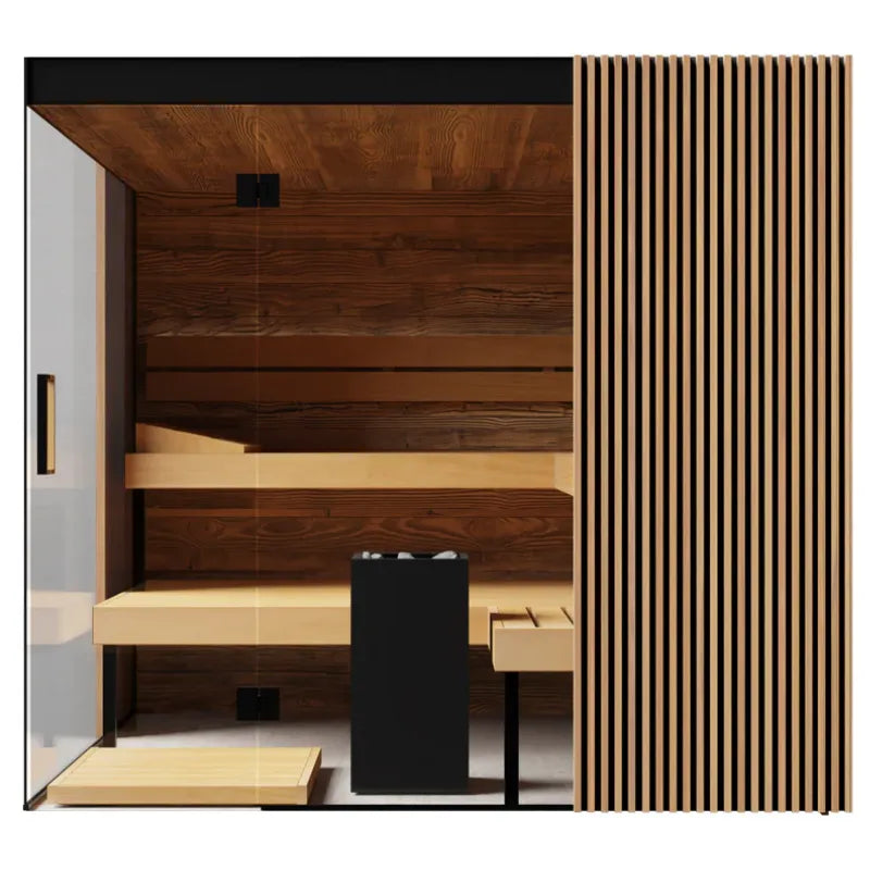 Wooden sauna with bench and striped wall