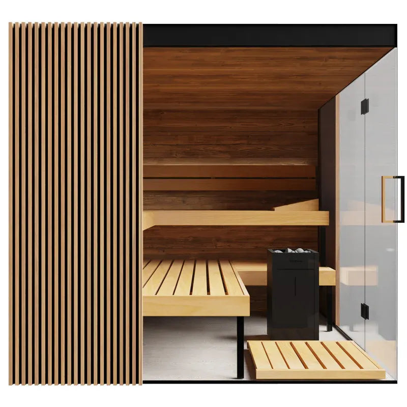 Wooden sauna with benches and a glass door