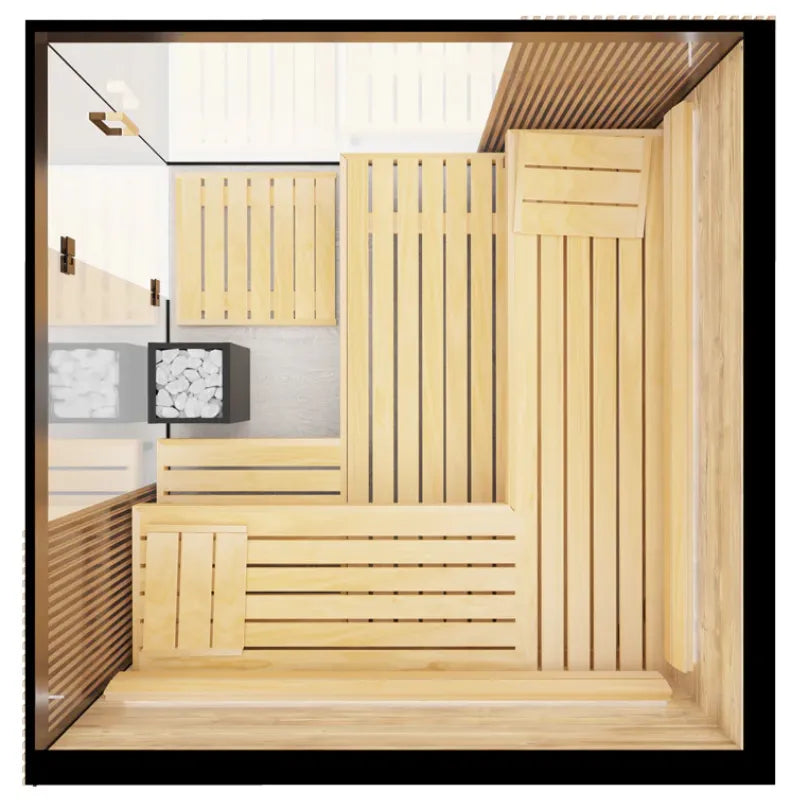 Wooden sauna with benches and a heater in a modern interior setting.