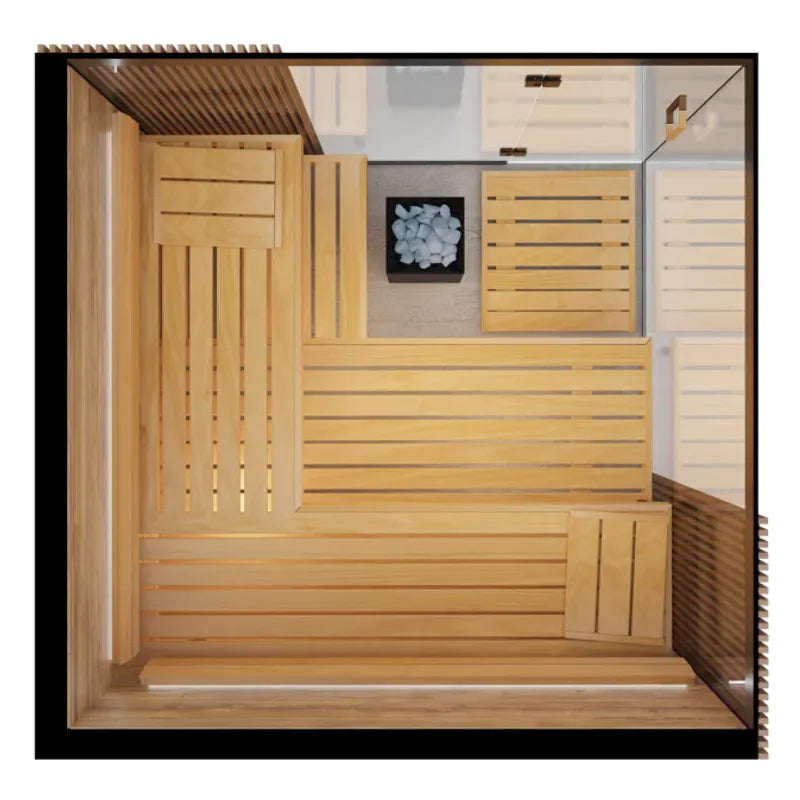 Wooden sauna with interior design elements