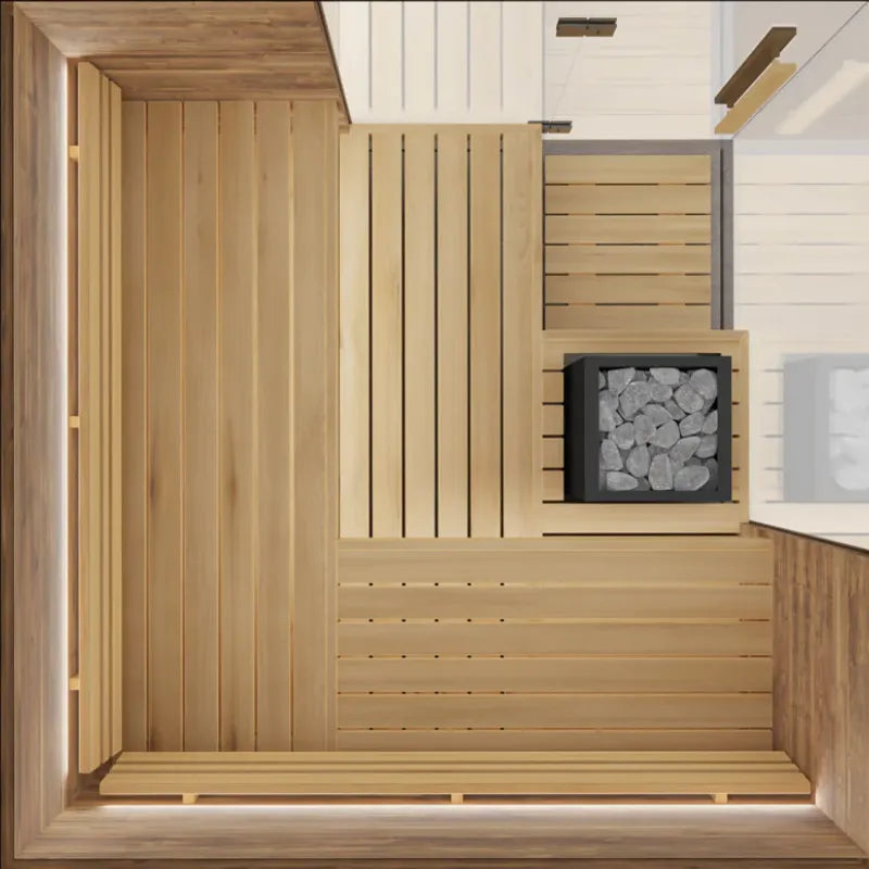 Wooden sauna interior with a stone heater
