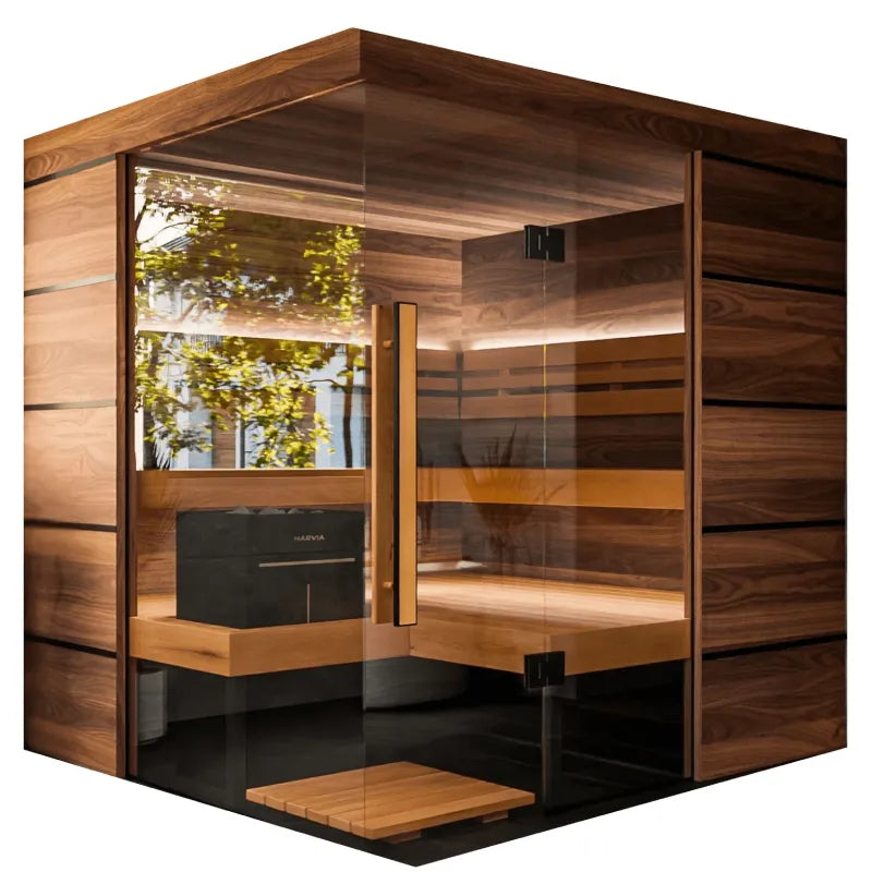 Wooden sauna with glass panel and outdoor view