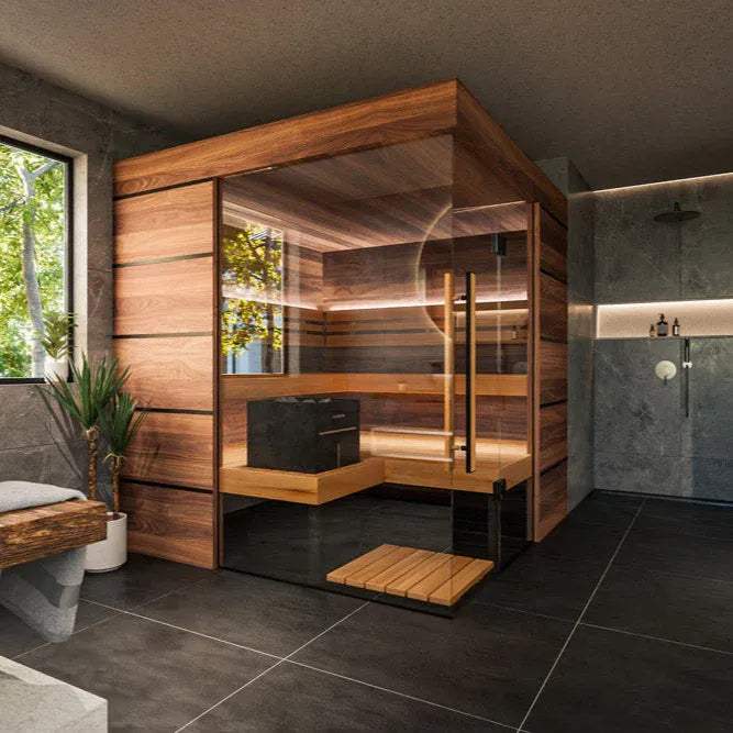 Modern sauna with wooden interior and glass door in a bathroom setting.