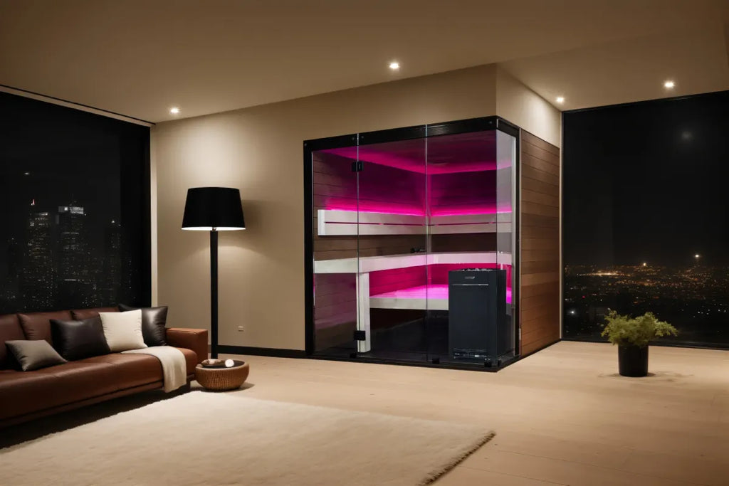 Modern bedroom with a large wardrobe and cityscape view