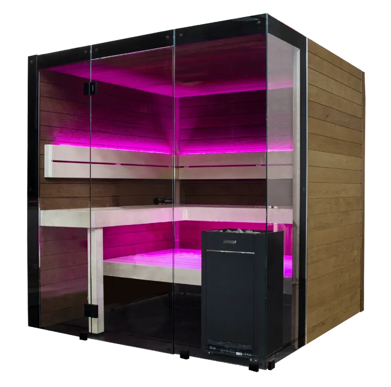 Infrared sauna with pink interior lighting on a white background