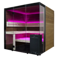 Infrared sauna with pink interior lighting on a white background